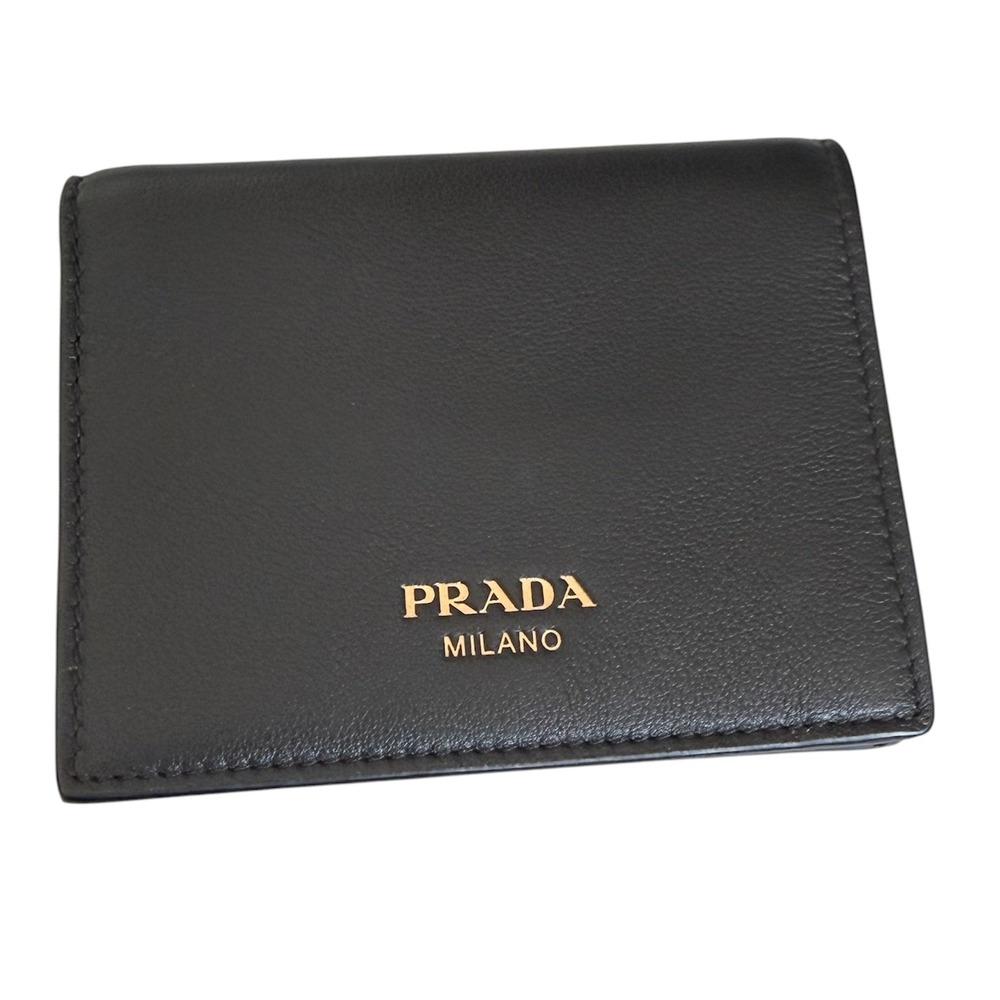 → Prada Black Soft Grain Leather Bifold Wallet 1MV204 Gold Logo Italy New Auth